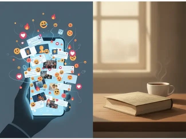 Comparativa visual entre una pantalla caótica llena de estímulos y un libro olvidado, representando la transición del lector moderno