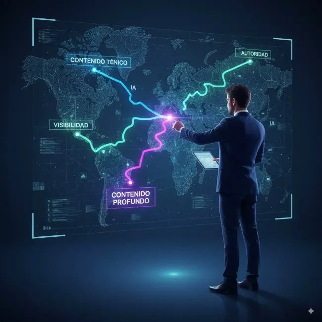 Profesional frente a un mapa digital con rutas estratégicas, eligiendo el camino del contenido técnico profundo y bien planificado