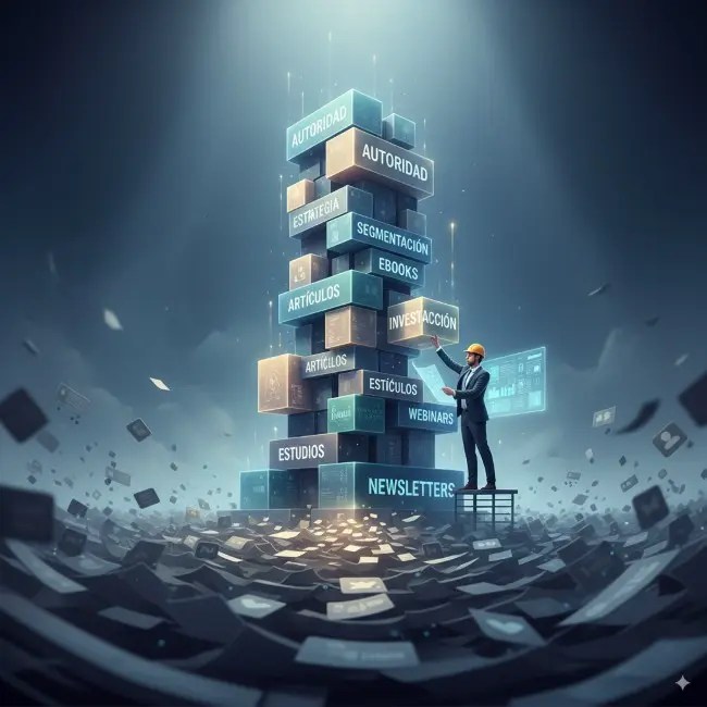 Torre editorial construida con bloques de ebooks, artículos y estudios, sostenida por una estrategia sólida de autoridad y segmentación