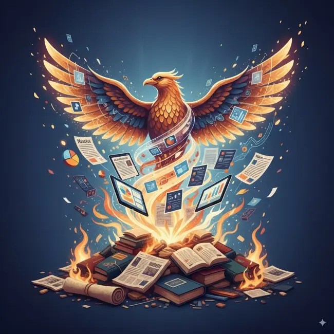 Ave fénix renaciendo de entre papeles y pantallas rotas, hecha de newsletters, ebooks y papers, como símbolo de resiliencia editorial