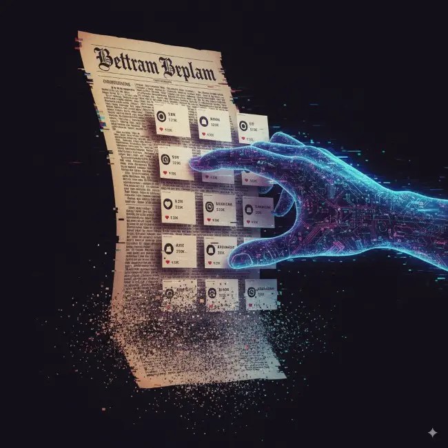 Artículo largo cortado en fragmentos estilo redes sociales, intervenido por un algoritmo invisible. Representa la reducción del contenido