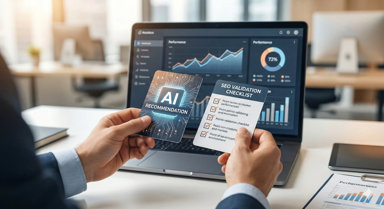 Ejecutivo evaluando decisiones SEO entre recomendaciones de inteligencia artificial y datos analíticos reales.